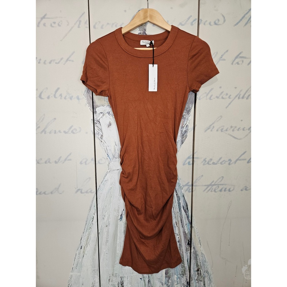 NWT Michael Stars Katie Dress S Toffee Ultra Rib Ruched‎ Short Sleeve Bodycon